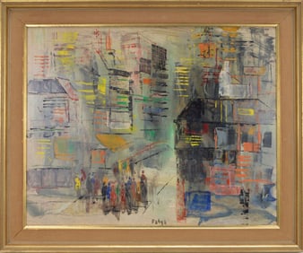 Signed Satya – Modernist City Street Scene, oil on Masonite, 16 x 20 inches (in Swedish Frame)