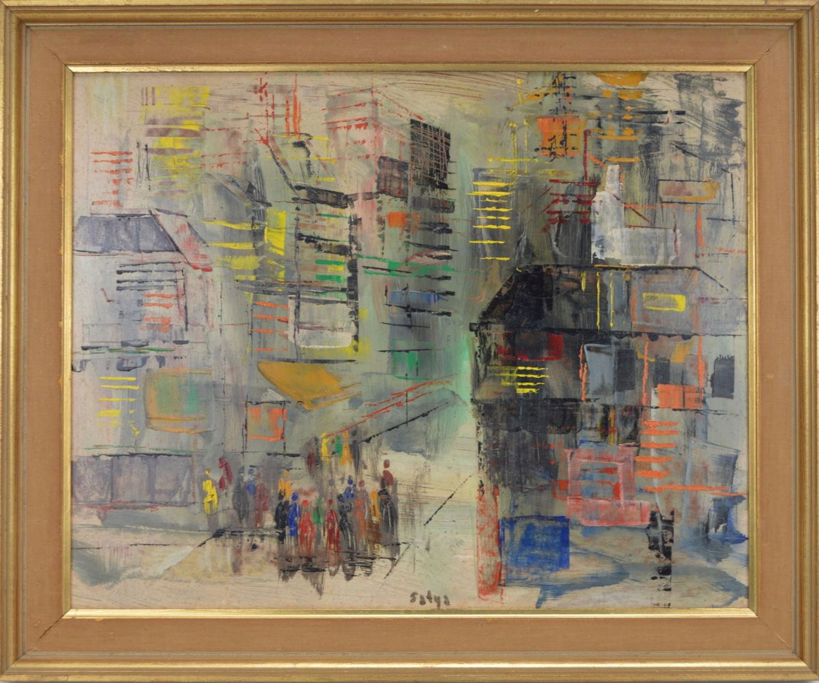 Signed Satya – Modernist City Street Scene, oil on Masonite, 16 x 20 inches (in Swedish Frame): Signed Satya – Modernist City Street Scene, oil on Masonite, 16 x 20 inches (in Swedish Frame) Overall Frame Size 19.5" x 23.5"