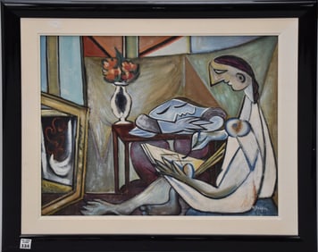 Style of Pablo Picasso "La Muse" Cubist figures, oil on canvas, signed illegibly, 20" x 24" canvas,