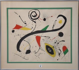 Vintage Colored lithograph Style of Miro Abstract Shapes and lines, Sight size 20.5" x 25" Overall