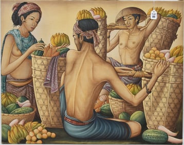Balinese School, Market scene, signed lower right, oil on canvas, 22 x 33 inches