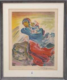 DAVID ALFARO SIQUEIROS, "Mother and child" pencil signed colored Lithograph, XVIII / XXV , Sight