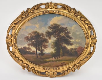Antique gold frame oval landscape painting, signed E Federico, 24 x 20 inches