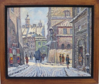 DARIUS WASOWICZ, (Poland, 1910-1973), Oil/Canvas mounted on board, WINTER CITY STREET SCENE; 19 ½