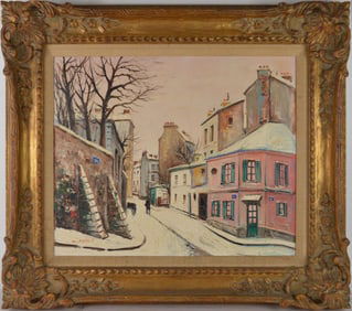 Charles Feola (French, 1917-1994) oil on canvas, Winter Village Street Scene, canvas 17-1/2 x 21-1/2