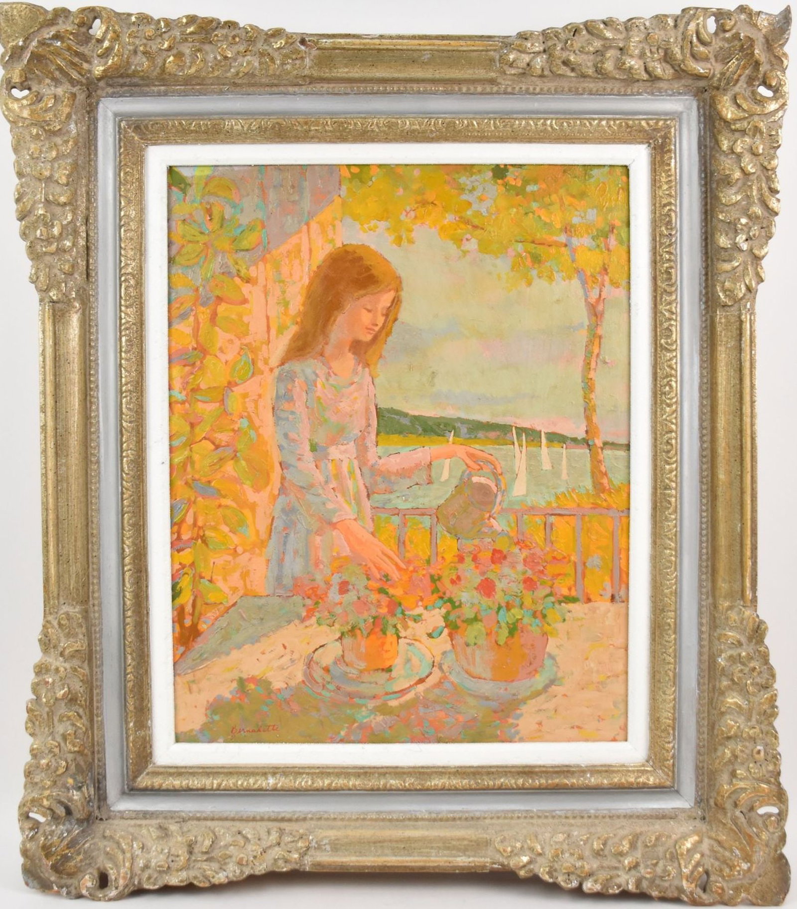 Bernadette Hughes (American b.1945) oil on board, girl watering flowers, signed Bernadette lower: Bernadette Hughes (American b.1945) oil on board, girl watering flowers, signed Bernadette lower left, 19 1/2" x 15 1/2" sight, 29" x 25 1/2" overall