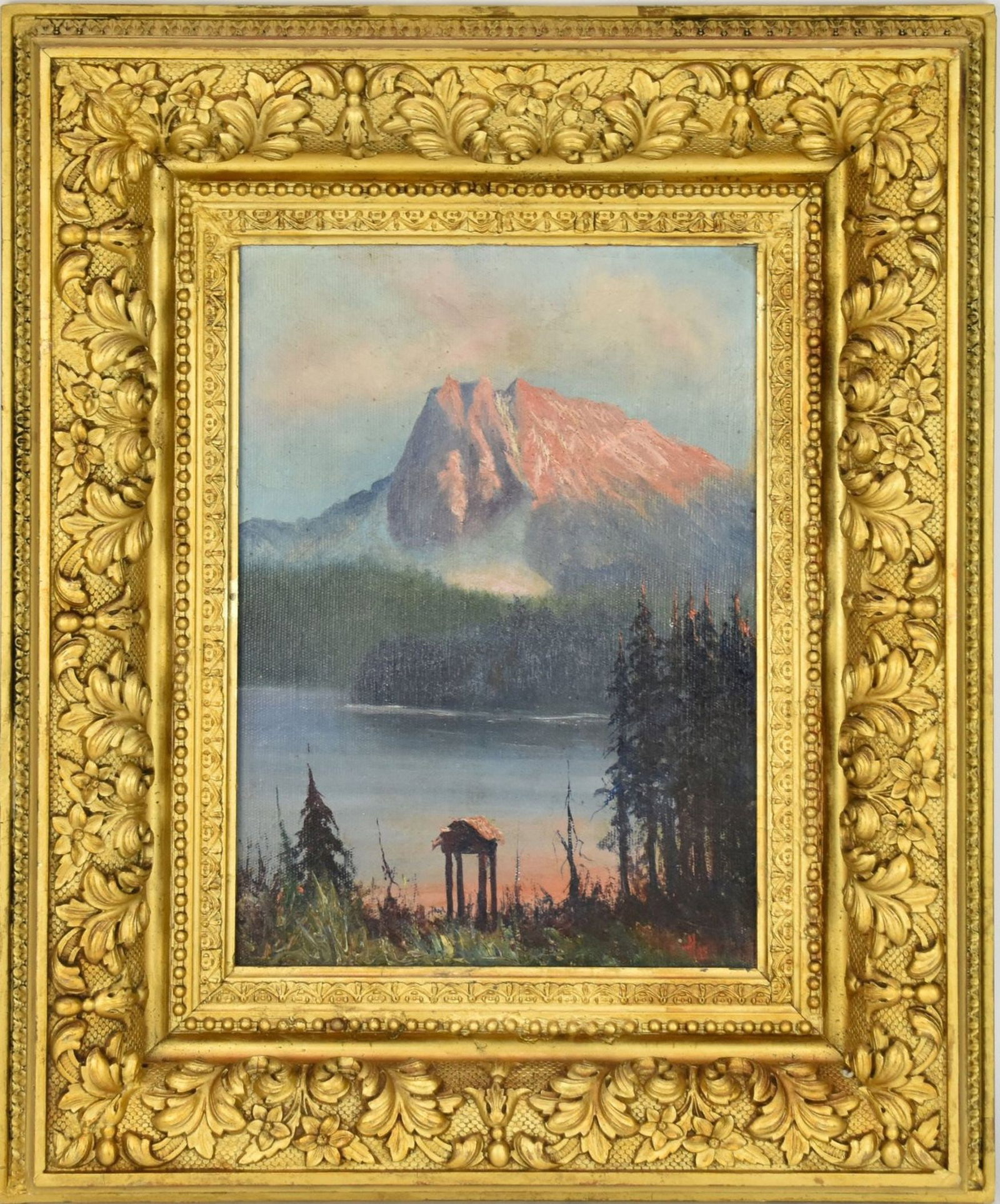 Leonard Lopp (American, 1888-1974) “sun mountain" 1925, oil on canvas, traditional Alaskan food: Leonard Lopp (American, 1888-1974) “sun mountain” 1925, oil on canvas, traditional Alaskan food cache tower, early Alaska summer, Fairbanks Alaska, monogram signed lower right, signed on verso