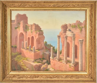 John w. NichoII (American 1865-1943) Greek theater ruins Taormina Sicily 734 bc., oil on board,