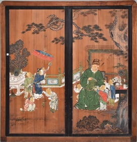 Korean Joeson Dynasty Painted Antique Wood Two-Panel Elder and Children Doors, 19th/early 20th