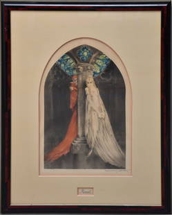 Louis Icart. "Faust," color etching, pencil signed lower right, 21" x 13 1/2", the overall is 35" x: Louis Icart. "Faust," color etching, pencil signed lower right, 21" x 13 1/2", the overall is 35" x 27"