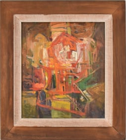 Abstract Mid Century Painting, oil on canvas signed illegibly. 20 x 18. Frame size 29 x 27 inches