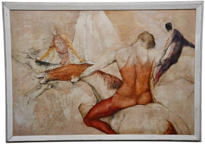 Sallie White, Large oil on Masonite board, " Circus Routine", Dated 1957 Galleria Schneider Rome