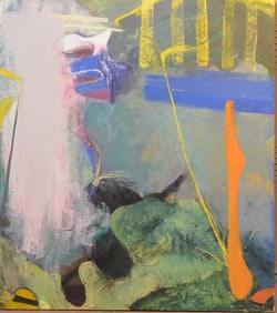 Jeanette Fintz (New York 20/21st century) oil on canvas, Abstract, "Surprise Result"-1987. 48 x 40
