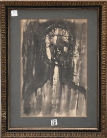 Mary Shaier (mid 20th century) Modern Watercolor/Ink on paper, Abstract Portrait-'59. Signed and
