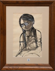 Ruth Schloss (b. 1922-2013) Gouache and ink on paper, signed lower left, Young Girl. Sight 17-3/4 x