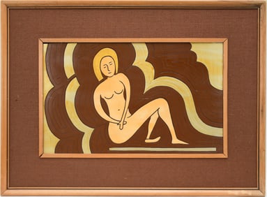 Modernist wood carved Panel, Closson Galleries label on reverse. 14 x 22-1/2 inches. Overall framed