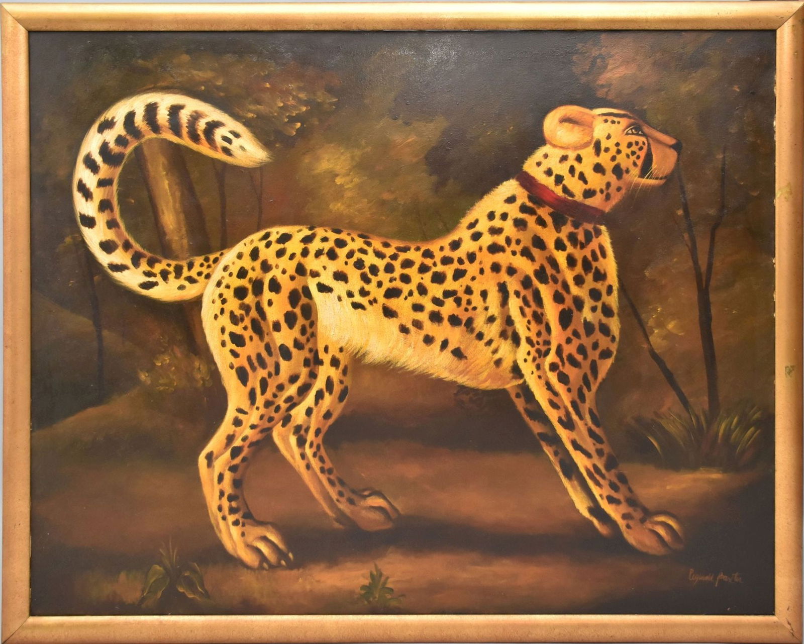 Reginald Baxter (20th century Canadian) Oil on canvas painting of a cheetah in a decorative frame, (1 of 6)