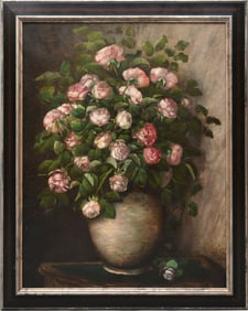 18th/19th Century Large Roses in white vase, oil on canvas, no visible signature. Canvas size 36-1/2