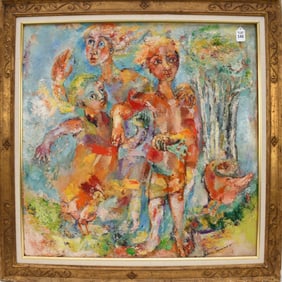 Sabina Teichman (1905 - 1983) oil on canvas, "Siblings". Signed lower right, 28 x 30 inches. Overall