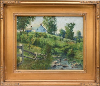 Hobart Nichols, Jr. (American 1869 - 1962) oil on board, Landscape Rural Farm by river, signed lower