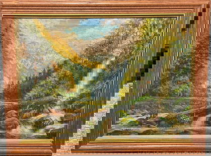 Russian painting Attributed to: Vasiliy Vereshchagin - Oil on canvas, Mountain Valley with river and: Russian painting Attributed to: Vasiliy Vereshchagin - Oil on canvas, Mountain Valley with river and waterfall, signed in lower left. Canvas size 21 x 29-1/2 inches overall framed 26 x 34 inches