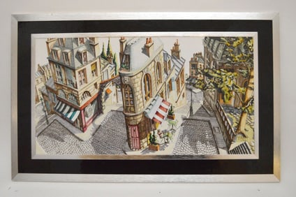 YVES ASKET SURREAL PAINTING, French 20th Century oil on canvas, French Village, 16 x 31 inches