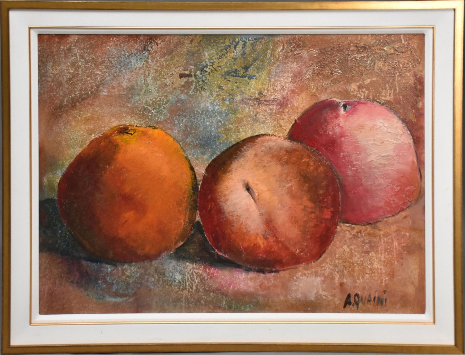 Alicia Quaini (Argentina 20th/21st Century) Still-life Peaches, oil on canvas 36 1/2 x 46 overall,: Alicia Quaini (Argentina 20th/21st Century) Still-life Peaches, oil on canvas 36 1/2 x 46 overall, signed A. Qupini