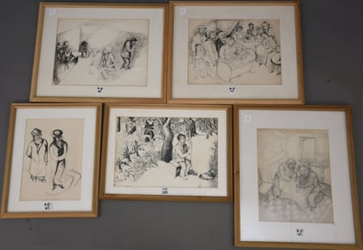 Sara Berman Beach (New York 1890-1978) 5-PCS. 4 Black & white /Pen & Ink Drawing and 1 pencil