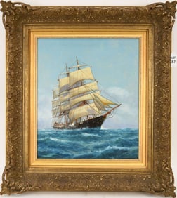 LUCA PAPALUCA (Italy, 1890-1934) Clipper ship, Oil on artist board 15 x 13 inches, Frame size 22 x