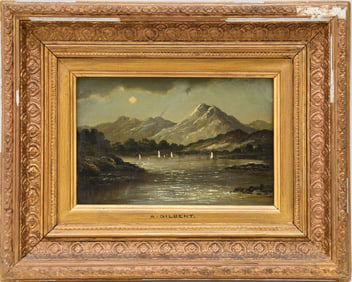 Arthur Gilbert (1819 - 1895) 19th century, oil on board, Landscape Mountains in moonlight with lake