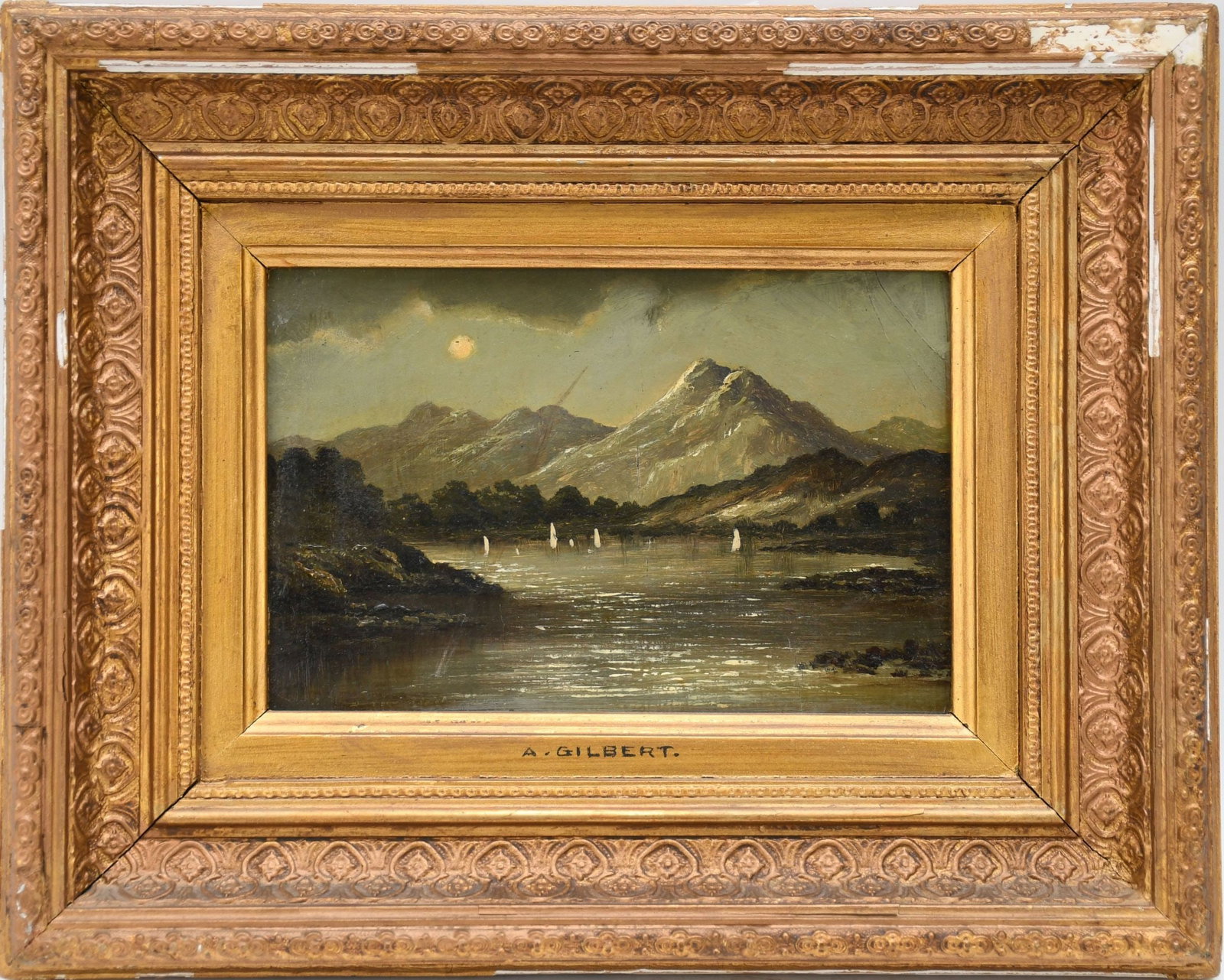 Arthur Gilbert (1819 - 1895) 19th century, oil on board, Landscape Mountains in moonlight with lake (1 of 5)