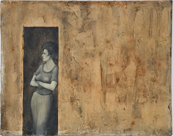 Mid Century Modern oil on artist board, Lady in doorway, signed illegibly Taj ?? '69 ??? 8 x 10