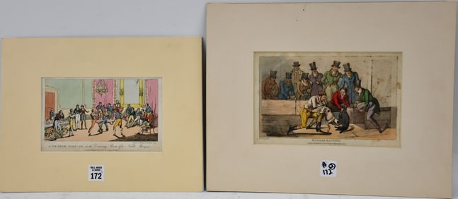 2- H. Alken color Aquatints Sporting & Boxing ca. 1824. Lg. overall 11-1/2 x 14-3/4 inches. Smaller