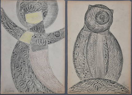 Attributed to:  Mikhail Vrubel  (Russian 1865-1910) two abstract decorative figures, colored pencil: Attributed to: Mikhail Vrubel (Russian 1865-1910) two abstract decorative figures, colored pencil on paper, signed in Cyrillic, size 9-3/4 x 6-3/4 inches