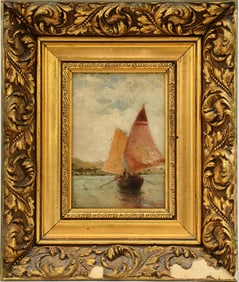 Giuseppe Pogna (Italy 1845 - 1907) oil on board, Sailboat with 2 figures. Signed lower left, 7 x 5