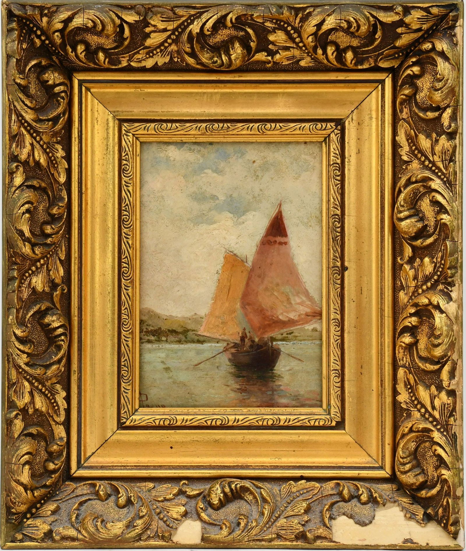 Giuseppe Pogna (Italy 1845 - 1907) oil on board, Sailboat with 2 figures. Signed lower left, 7 x 5 (1 of 9)