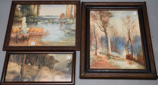 Unknown Artist. 3 Antique Landscape Watercolors of Suffolk signed MTI and dated
