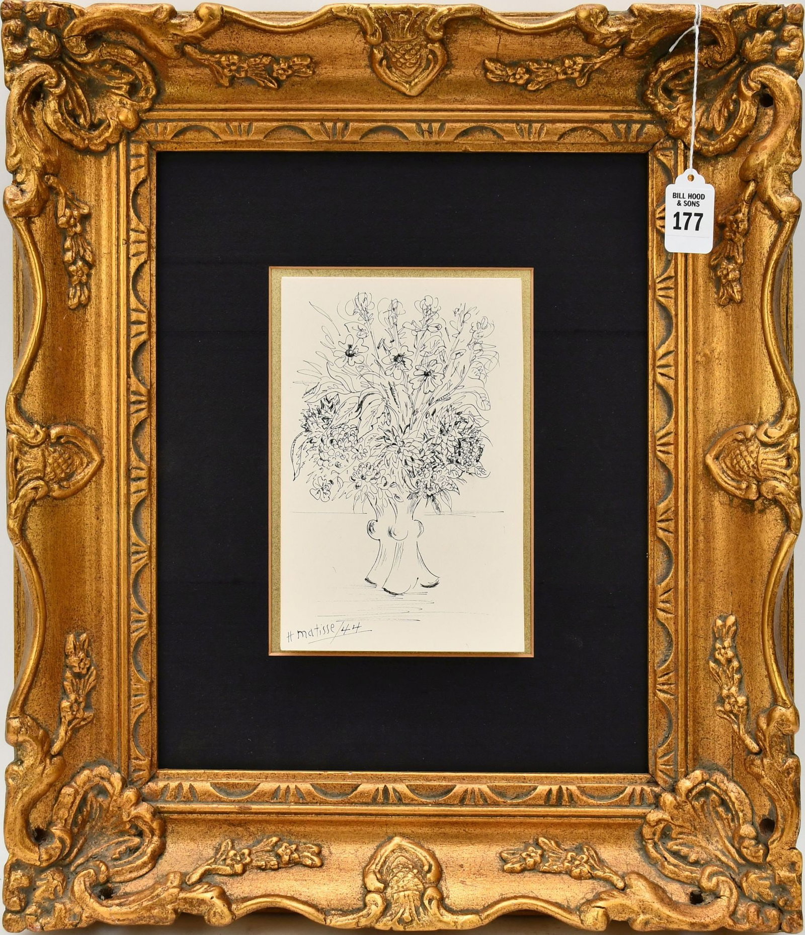 After H. Matisse. Pen and Ink on paper bouquet of flowers in a vase signed and dated '44. sheet size: After H. Matisse. Pen and Ink on paper bouquet of flowers in a vase signed and dated '44. sheet size 8 x 5 inches. In gilt frame. Size 19-1/2 x 16-1/2 inches