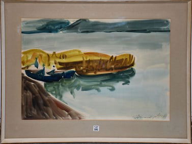 Shimshon Holzman (Israeli 1907 - 1986) Watercolor Mountain lake scene, signed lower right. 27 x 19