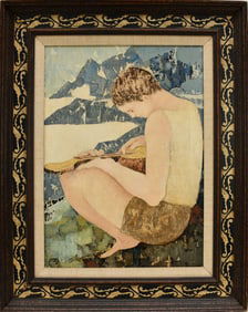 Modernist boy playing instrument, by Jaques Boeri (France 1929) Oil on Canvas in fancy frame.