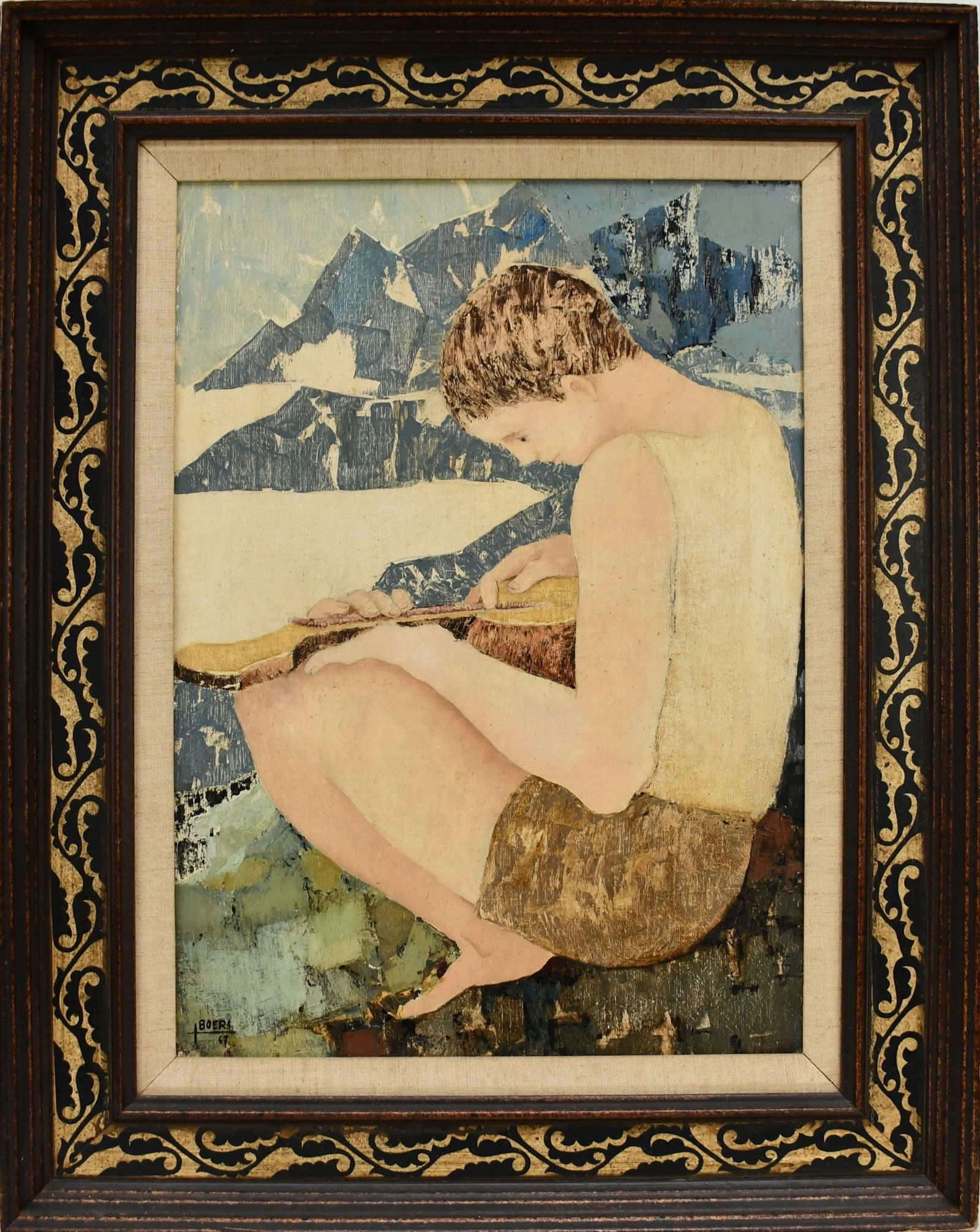 Modernist boy playing instrument, by Jaques Boeri (France 1929)  Oil on Canvas in fancy frame. (1 of 8)