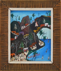 Prefete Duffaut (Haitian 1923 - 2012) oil on panel, Village Scene in original carved frame. Canvas