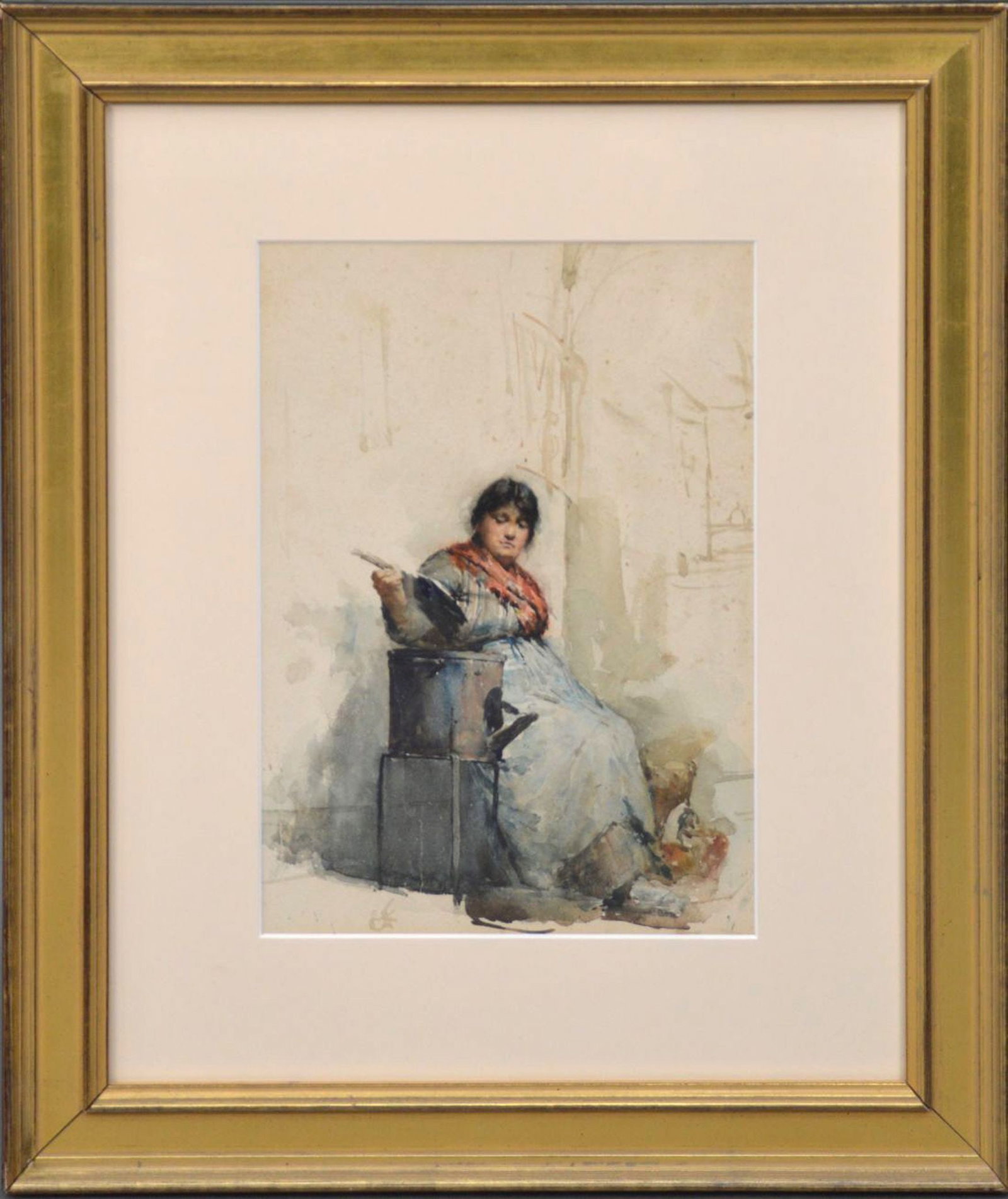 Ettore Forti (Italy 1850 - 1940) Watercolor lady cooking, signed lower right, Sight Size 13.5 x: Ettore Forti (Italy 1850 - 1940) Watercolor lady cooking, signed lower right, Sight Size 13.5 x 9.5 inches, Frame size 23.5 x 19.5 inches
