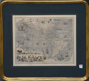 Antique map of the Americas, colored etching, framed size 25 x 29 inches