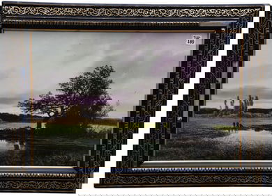 Antique Painting on Porcelain Plaque, signed illegibly European Landscape, old chaulin and Houzard