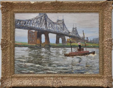 William Francis Vandeveer Kughler (AMERICAN, 1901–1970) oil on board, "Triborough Bridge from East