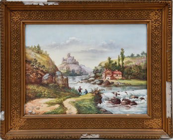 Antique Painting on Porcelain Plaque, European Village River Scene, tile is 10 x 13 inches. overall