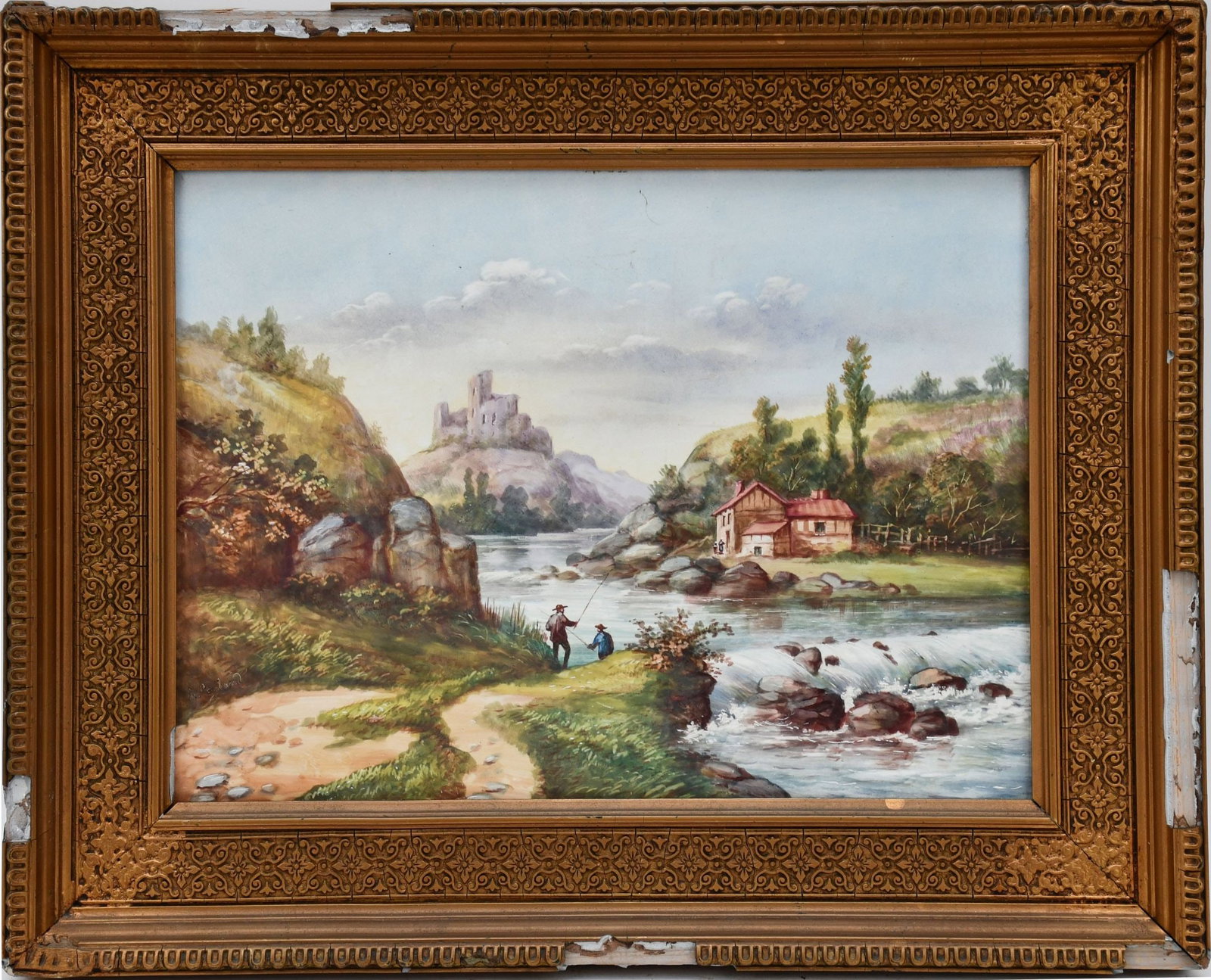 Antique Painting on Porcelain Plaque, European Village River Scene, tile is 10 x 13 inches. overall: Antique Painting on Porcelain Plaque, European Village River Scene, tile is 10 x 13 inches. overall 14 x 17-1/2 inches. Frame has some losses.