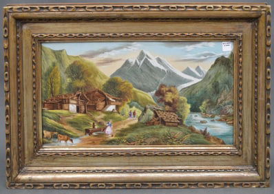 Antique Painting on Porcelain Plaque, European Mountain Village Scene, plaque 12 x 23 inches,19-1/2