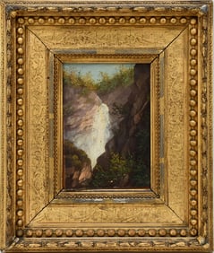 19th Century American School western Waterfall Small landscape painting, oil on paper, 6-1/2 x 4-1/2